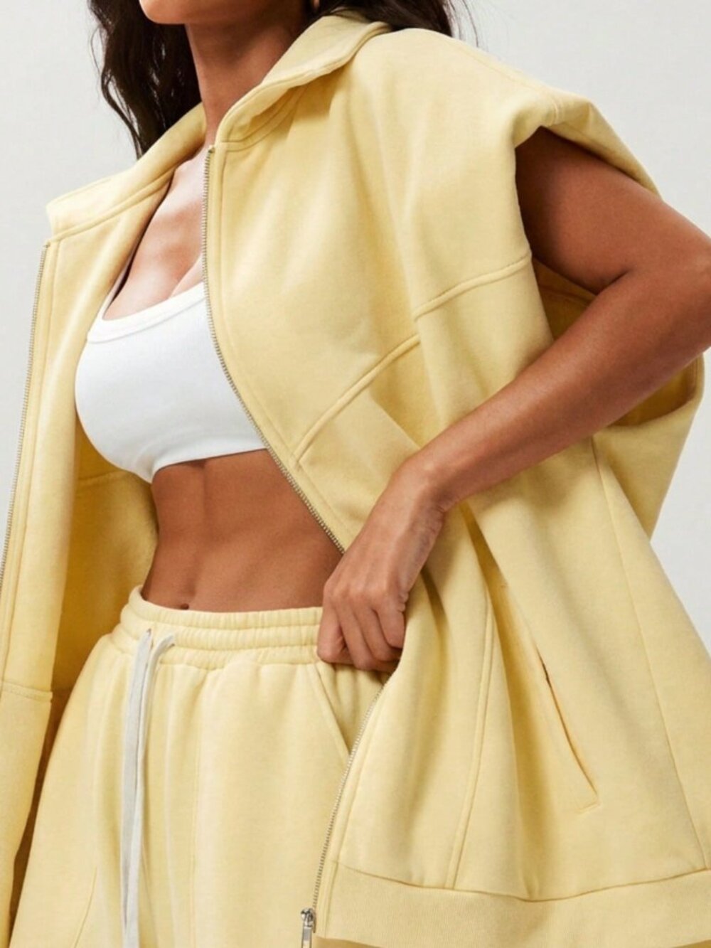 Light Yellow Casual Women's Plain Long Zip-Up Sweatshirt Vest - Picture 3 of 6